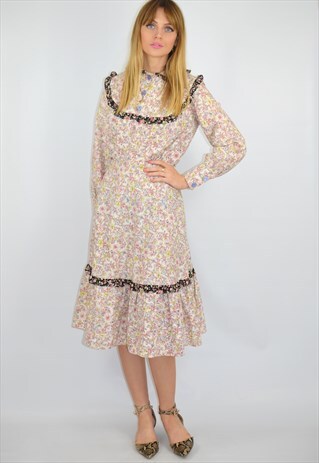 VINTAGE 70S WHITE FLORAL BOHO PEASANT MIDI DRESS