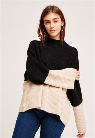 MOCK NECK JUMPER - BLACK & CREAM COLORBLOCK