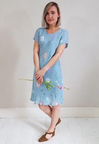VINTAGE 90'S LIGHT BLUE FLORAL BIAS CUT MINI DRESS