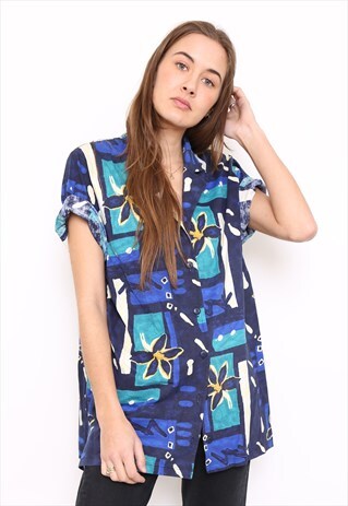 VINTAGE 90S BLUE FLORAL PRINT SHIRT