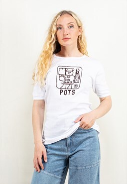 Vintage 80s Stretchy Graphic Print T-Shirt in White