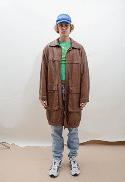 Vintage 80s Soft Brown Leather Zip Up Prolonged Jacket Men L