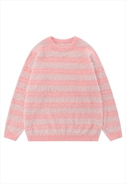 Striped sweater fluffy knit jumper soft fleece pastel pink