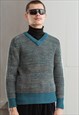 VINTAGE 80S V-NECK HEAVYWEIGHT KNIT JUMPER IN BLUE AND BROWN