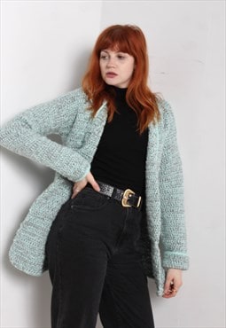 Vintage 90's Hand Knitted Crochet Knit Cardigan Green