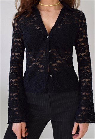 VINTAGE 80S 90S FITTED LACE BUTTON UP SHIRT BLOUSE TOP