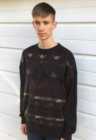 MENS VINTAGE 80S JUMPER DARK GREY AZTEC PATTERNED SWEATER