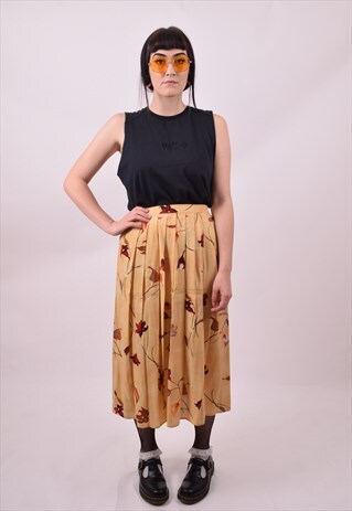 VINTAGE 90'S YELLOW & BROWN FLOWER PRINT SKIRT SIZE 8 10
