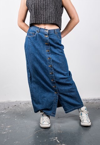 VINTAGE 1990S BLUE DENIM BUTTON DOWN MAXI SKIRT