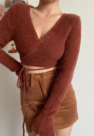 Y2K FURRY COPPER TIE CROP TOP
