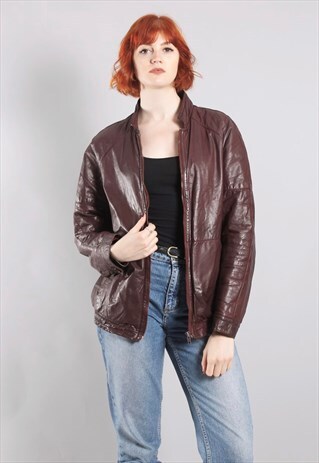 VINTAGE 80S MAROON LEATHER ZIP BOMBER JACKET