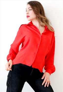 80s 90s Vintage Shirt Blouse Button Down Bright Red Smart