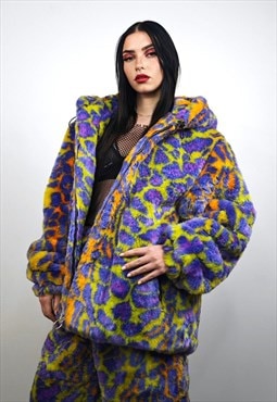 Leopard fauxfur jacket purple fleece neon animal bomber 2in1