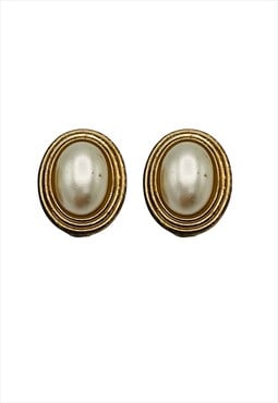 Christian Dior Earrings Pearl Gold Clip on Vintage Oval 1980