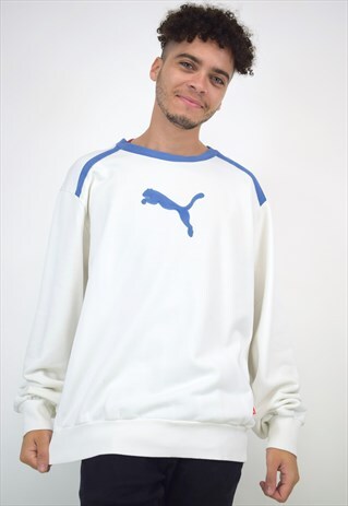 VINTAGE 90S PUMA WHITE BLUE LOGO SWEATER