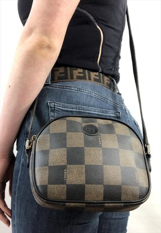 WOMENS VINTAGE FENDI HANDBAG BLACK BROWN CHECKED BAG