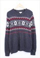 Vintage Christmas Knit Jumper Grey Pullover With Aztec Print