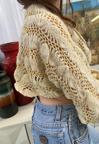 VINTAGE 70S HANDMADE CROCHET KNIT BLOUSE OPEN FRONT CROP TOP