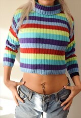 Vintage 90s Roll Neck Jumper Striped Rainbow