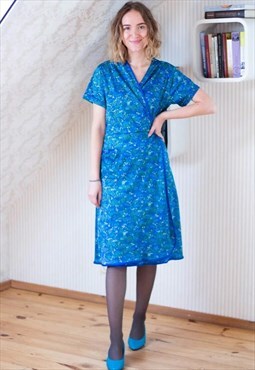 Bright blue floral wrap around dress