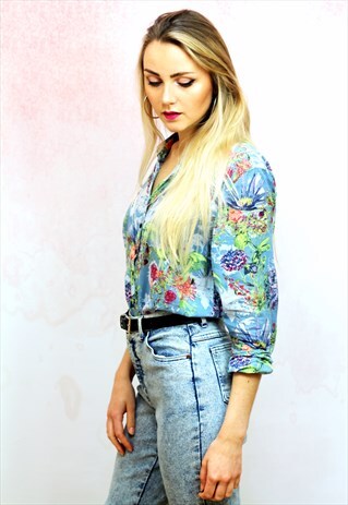 1990S VINTAGE BLUE FLORAL PRINT BLOUSE