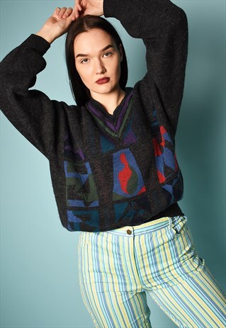 VINTAGE 80'S RETRO ABSTRACT PRINT KNIT DADS JUMPER