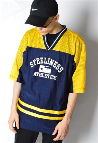 VINTAGE 90S NAVY BLUE YELLOW SPORTS JERSEY SHIRT
