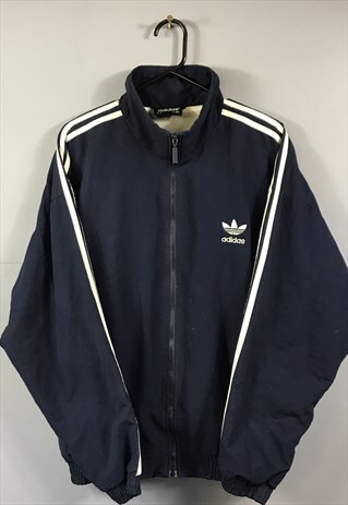 VINTAGE ADIDAS WINDBREAKER JACKET IN NAVY WITH EMBROIDERED T