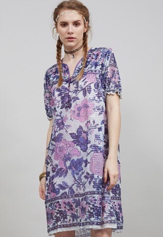 VINTAGE 70'S LILAC AND VIOLET FLORAL INDIAN BOHO DRESS
