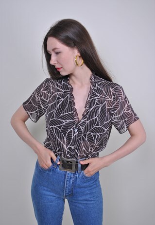 VINTAGE FLORAL SEXY BLOUSE, GREY NATURE PRINT RUFFLE SHIRT