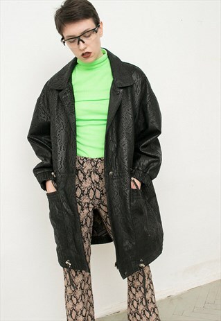 VINTAGE MIDI BLACK LEATHER BELTED TRENCH JACKET ANIMAL PRINT