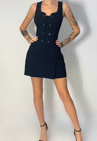 90'S VINTAGE BLACK PINAFORE PLEATED DRESS