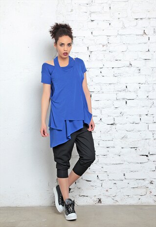 BLUE BLOUSE, ASYMMETRIC TEE, LAYERED TOP