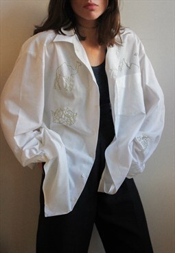 Reworked Vintage Hand Embroidered  Unisex Shirt in White