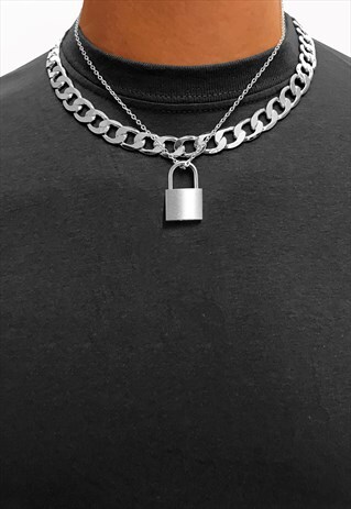 20MM PADLOCK PENDANT 8MM CURB LAYER NECKLACE CHAIN - SILVER