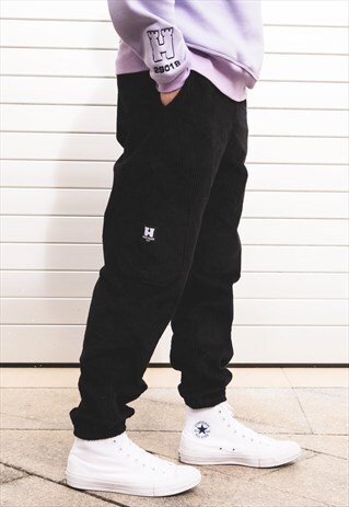 HANDMADE TROUSERS IN BLACK WITH CORDUROY FABRIC CARGO