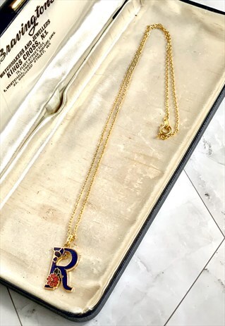 80S 'R' INITIAL PENDANT FLORAL NECKLACE VINTAGE JEWELLERY