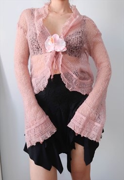 vintage pink fairycore sheer tie front crochet top