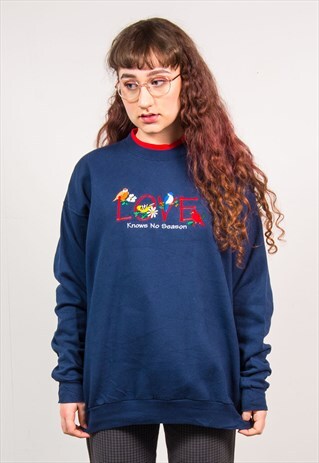 VINTAGE 90'S NAVY BLUE LOVE BIRD EMBROIDERED SWEATSHIRT