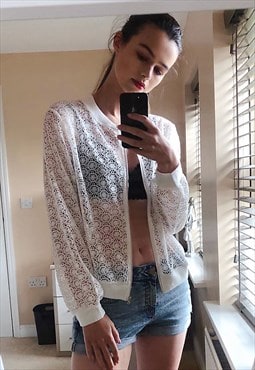 Light Bomber Jacket in White Floral Lace Crochet