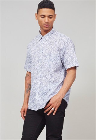 VINTAGE 90'S PASTEL BLUE FOLKLORE PRINT SHORT SLEEVED SHIRT