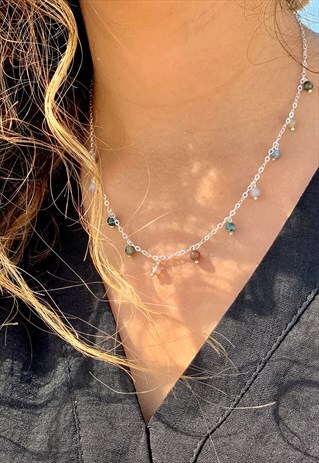 BOHO STERLING SILVER 925 BEADED NECKLACE WITH GREEN STONES