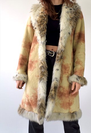 VINTAGE 90S Y2K AFGHAN COAT FAUX FUR TRIM COLLAR CUFFS