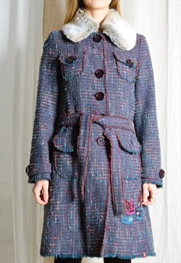 Y2K Colourful Tweed Flower Faux Fur Collar Wool Trench Coat