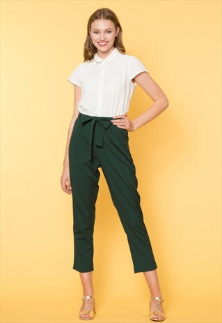 GREEN HIGH WAISTED CROPPED PANT WITH WAIST TIE