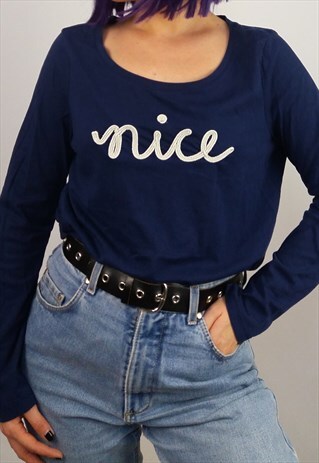 VINTAGE 90'S 'NICE' EMBROIDERY LONG-SLEEVE TOP / SWEATSHIRT