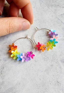 Iridescent Rainbow Flower Sequin Hoop Earrings