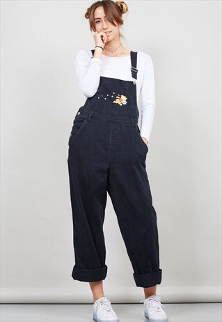 VINTAGE BLACK OVERSIZED POOH DENIM DUNGAREES