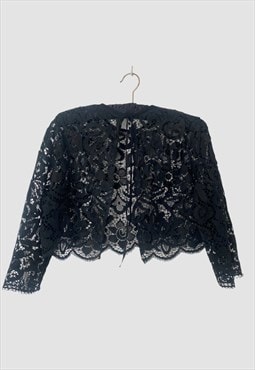 60's Vintage Black Lace Sheer 3/4 Sleeve Crop Open Blouse