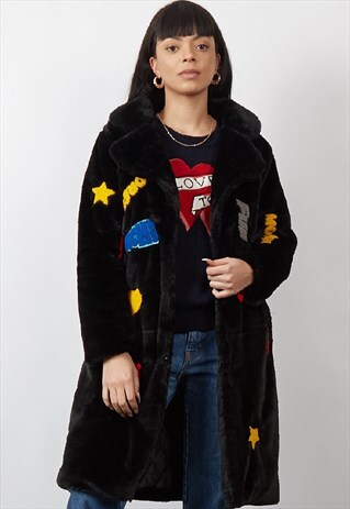VINTAGE 90'S POP ART BLACK FAUX FUR COAT